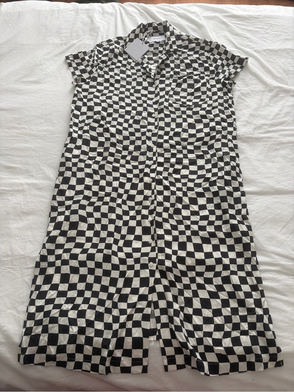 PISTOLA Black & White Maximalist Checkerboard Midi Shirt Dress Large NWT